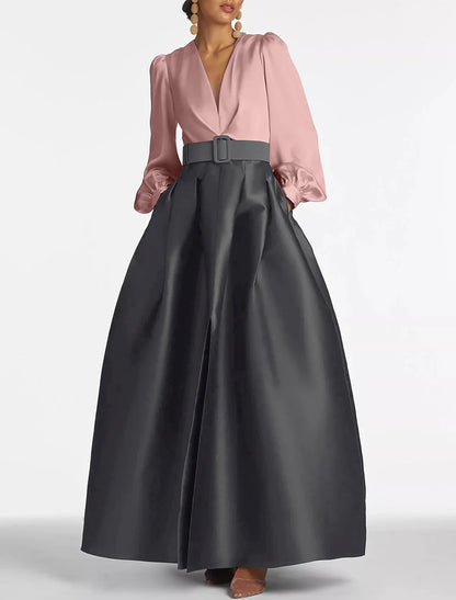 A-Line Satin Green Dress Formal Wedding Guest Dress Elegant Evening Gown High Split Pocket Long Sleeve Floor Length Color Block V Neck Belt