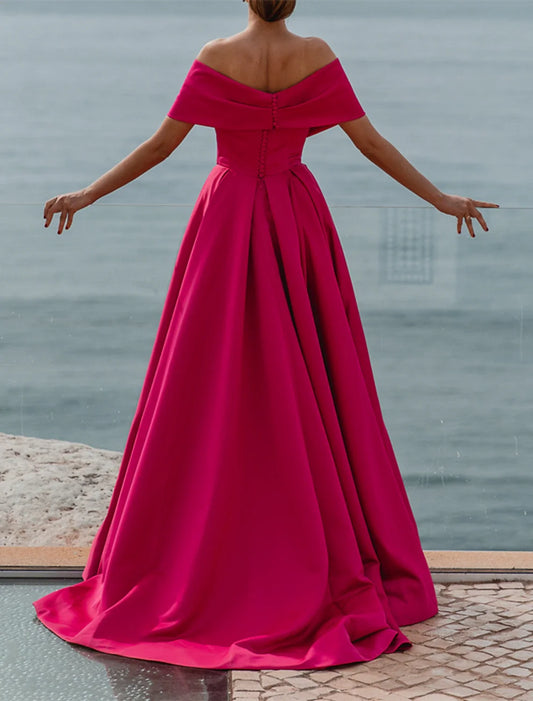 A-Line Evening Gown Party Dress Celebrity Style Dress Formal Wedding Court Train Sleeveless Off Shoulder Bridesmaid Dress Satin