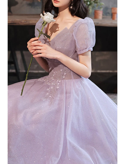 A-Line Prom Party Dress Sparkle & Shine Dress Prom Valentine‘s Day Floor Length Short Sleeve V Neck Tulle