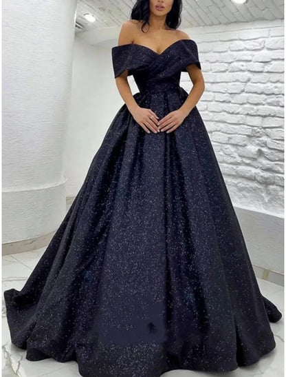 A-Line Prom Dresses Elegant Dress Black Tie Gala Sweep / Brush Train Short Sleeve Off Shoulder Sequined