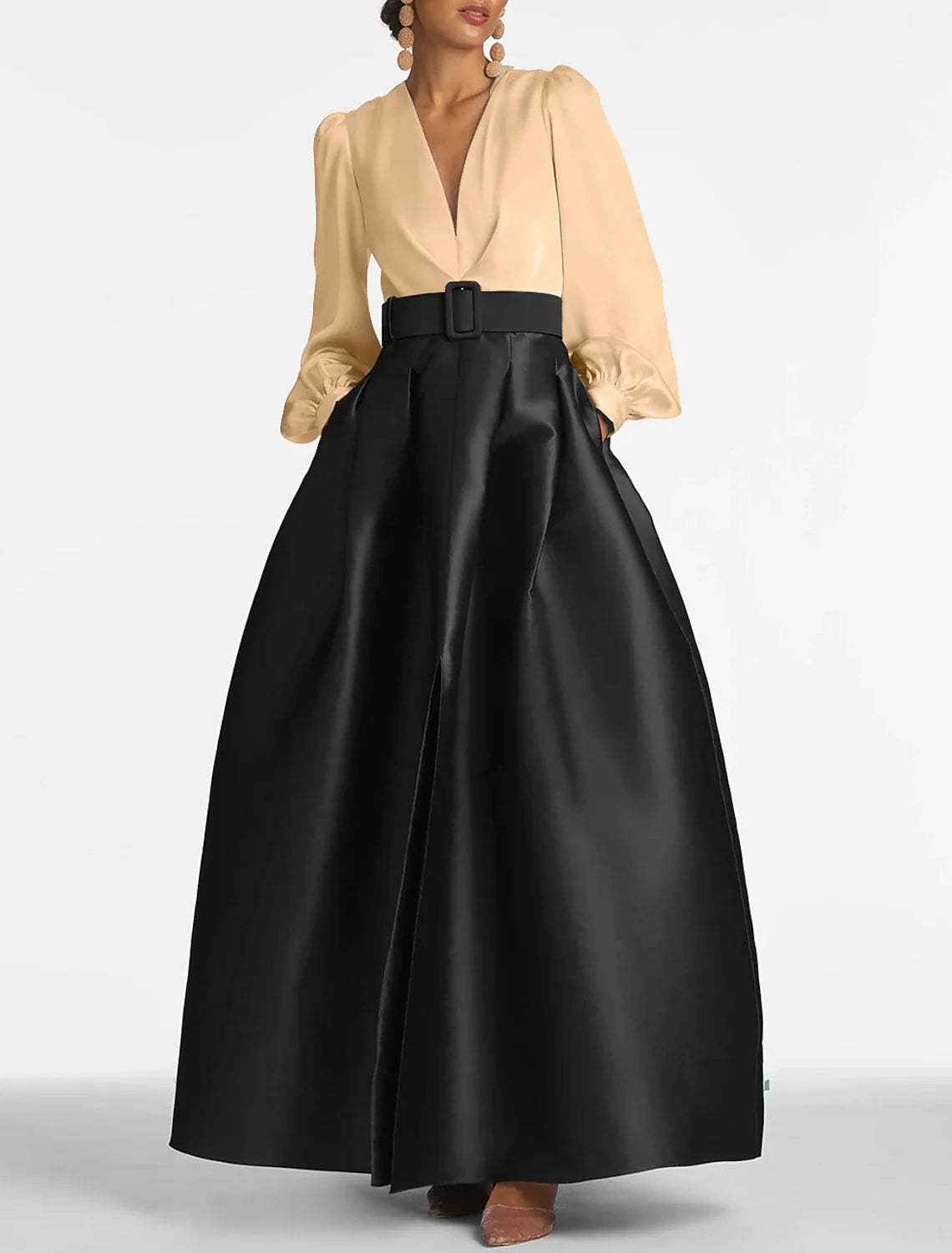 A-Line Satin Green Dress Formal Wedding Guest Dress Elegant Evening Gown High Split Pocket Long Sleeve Floor Length Color Block V Neck Belt