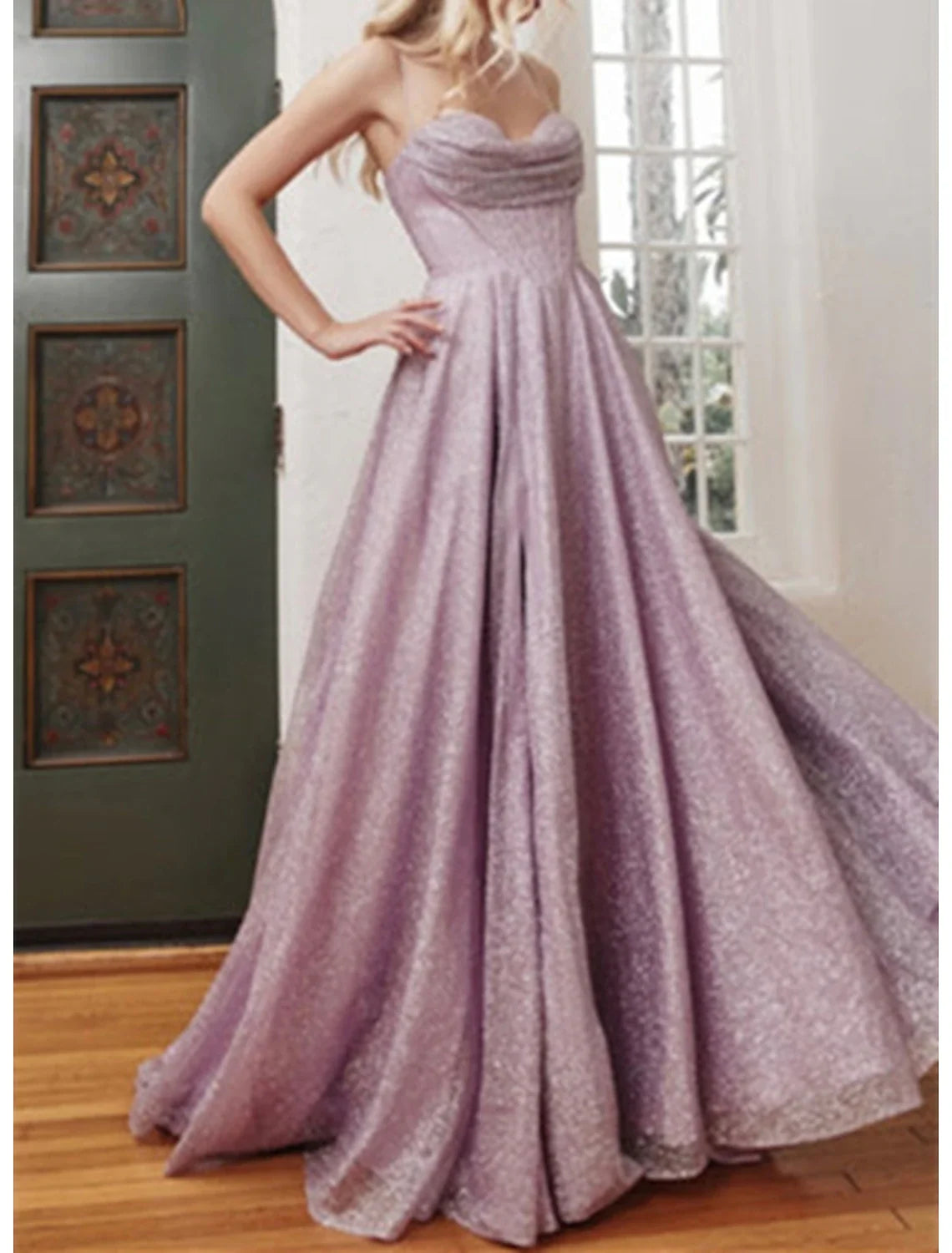 A-Line Prom Dresses Glittering Dress Formal Evening Party Sweep / Brush Train Sleeveless Cowl Neck Tulle