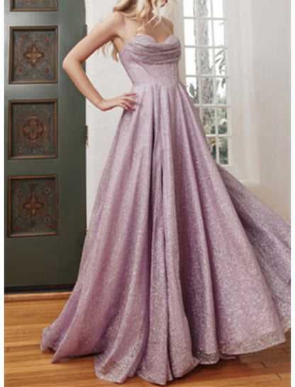A-Line Prom Dresses Glittering Dress Formal Evening Party Sweep / Brush Train Sleeveless Cowl Neck Tulle