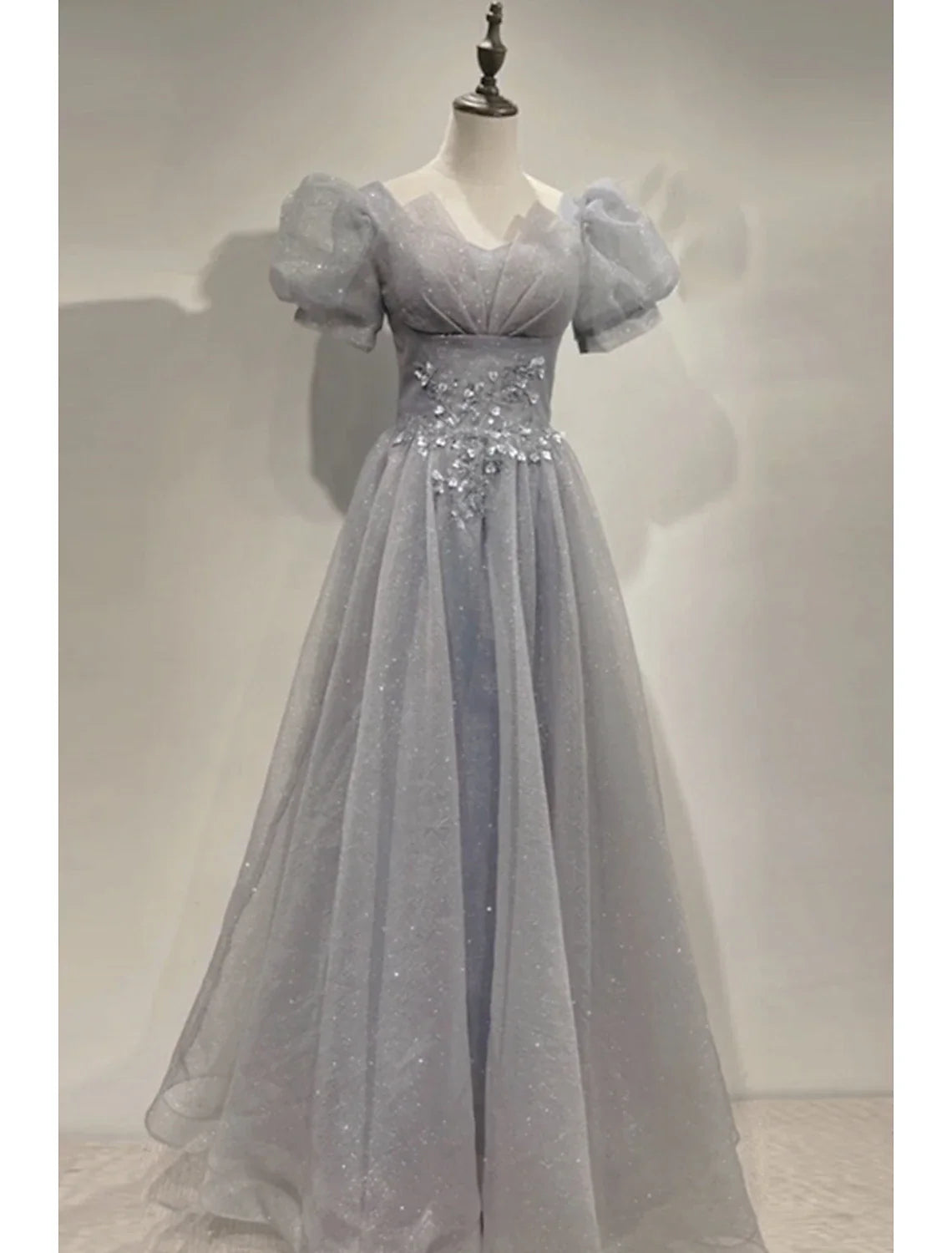 A-Line Prom Party Dress Sparkle & Shine Dress Prom Valentine‘s Day Floor Length Short Sleeve V Neck Tulle