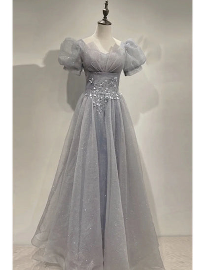 A-Line Prom Party Dress Sparkle & Shine Dress Prom Valentine‘s Day Floor Length Short Sleeve V Neck Tulle