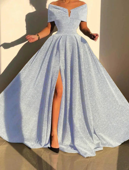 A-Line Evening Gown Sparkle & Shine Dress Formal Fall Court Train Sleeveless Off Shoulder Sequined