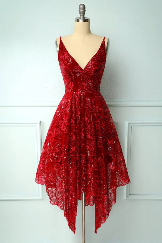 A-Line Irregular Hem Burgundy Lace V-Neck Short Prom Dress