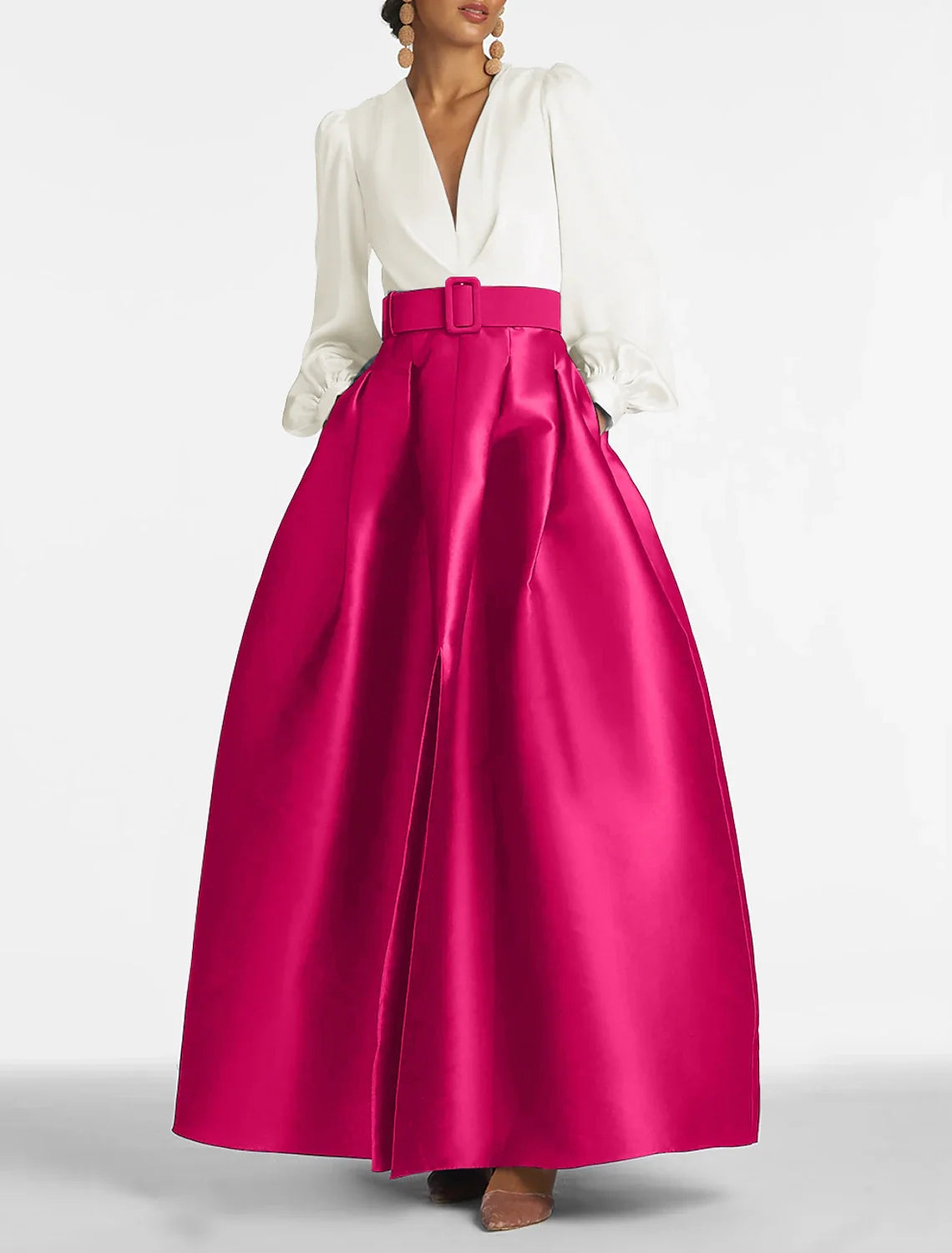 A-Line Satin Green Dress Formal Wedding Guest Dress Elegant Evening Gown High Split Pocket Long Sleeve Floor Length Color Block V Neck Belt