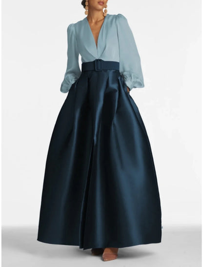 A-Line Satin Green Dress Formal Wedding Guest Dress Elegant Evening Gown High Split Pocket Long Sleeve Floor Length Color Block V Neck Belt