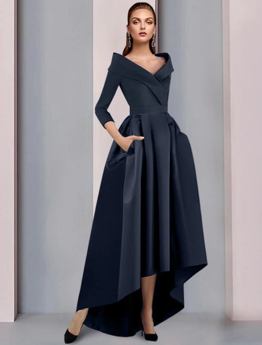 Navy Satin A‑Line Off‑Shoulder Elbow‑Sleeve Pocket High‑Low Mother Of The Bride Dress