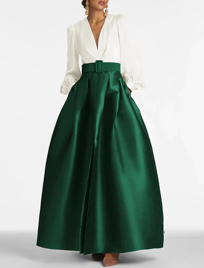 A-Line Satin Green Dress Formal Wedding Guest Dress Elegant Evening Gown High Split Pocket Long Sleeve Floor Length Color Block V Neck Belt