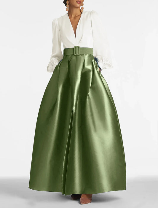 A-Line Satin Green Dress Formal Wedding Guest Dress Elegant Evening Gown High Split Pocket Long Sleeve Floor Length Color Block V Neck Belt
